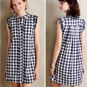 Anthropologie Dear Creatures Trinette Dress‎ XS navy gingham shift ruffle eyelet